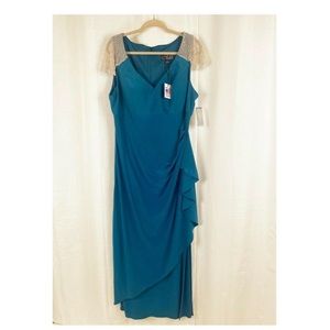 Alex Evenings Women's Long Gown Evening Dress Deep Teal Size 18 V-neck Ruched